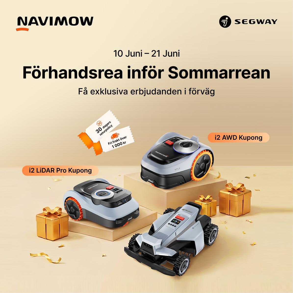 Segway Navimow Nordics Facebook ad: 10-21 Juni | Förhandsrea inför Sommarrean