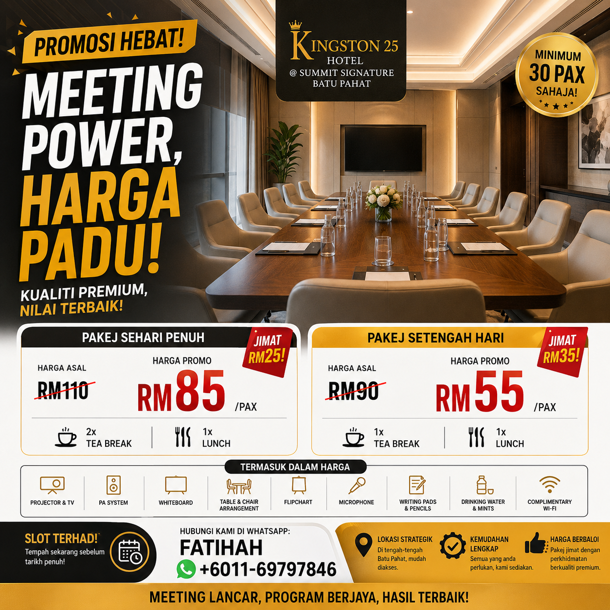 Kingston Hotel Facebook ad: MEETING PACKAGE DI BATU PAHAT RM55/PAX JE?!