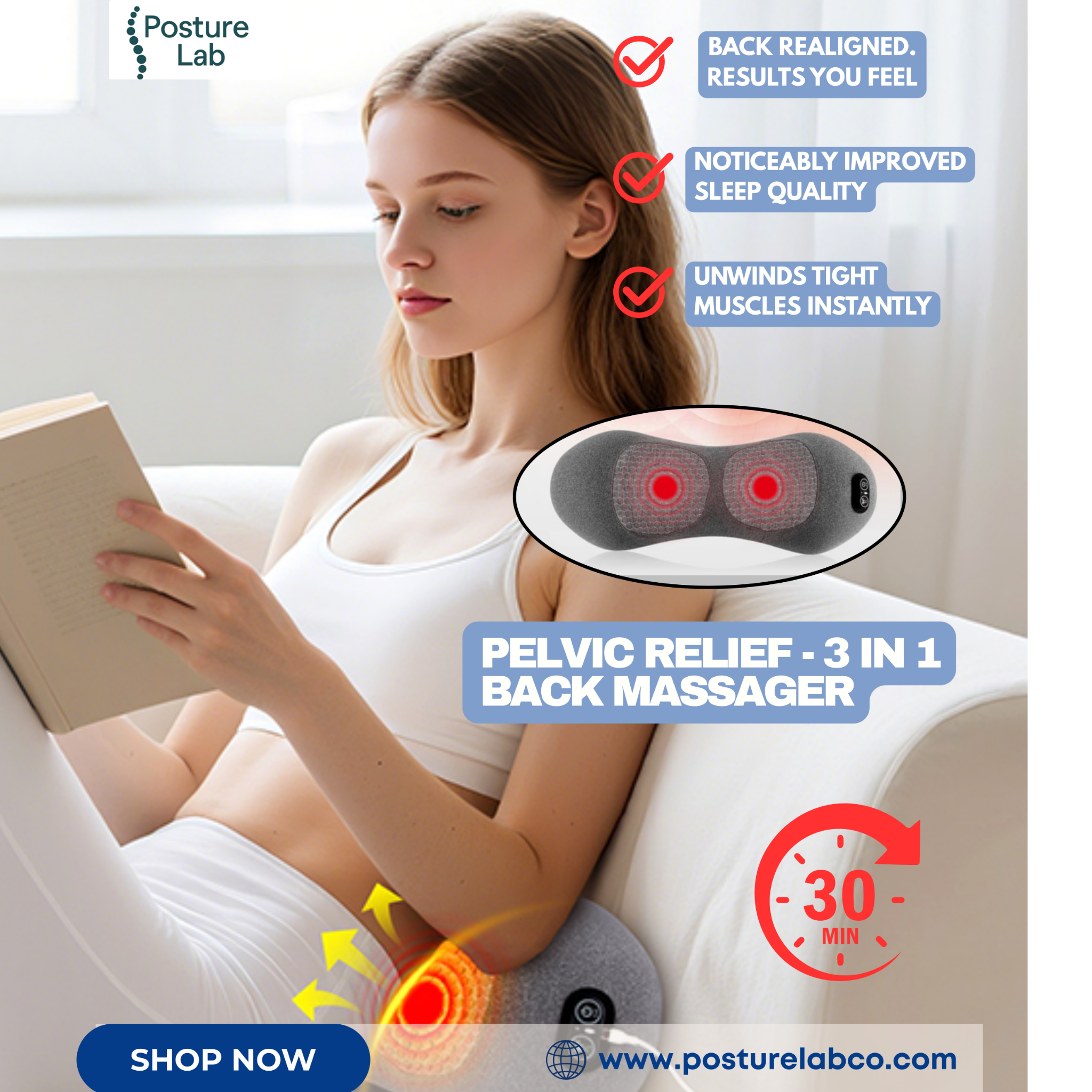 PostureLab Co Facebook ad: Eliminate Back Pain With The Pelvic Relief 3-in-1 Back…