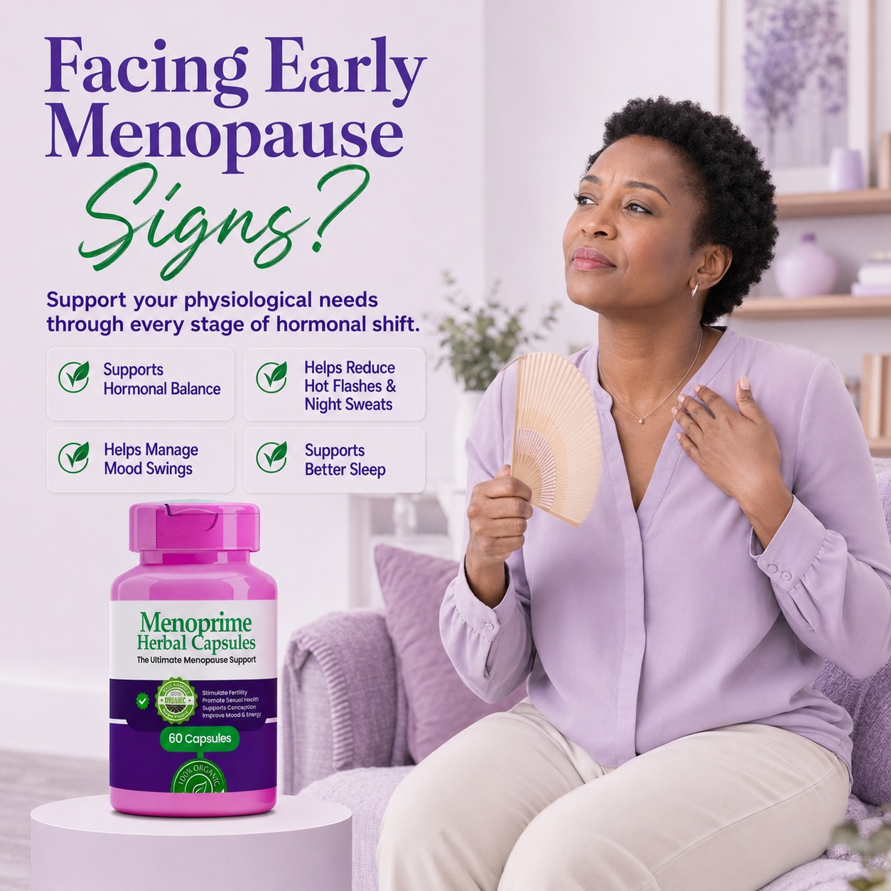 Menoprime Menopause Capsule Facebook ad: Support for every woman in perimenopause or menopause phase