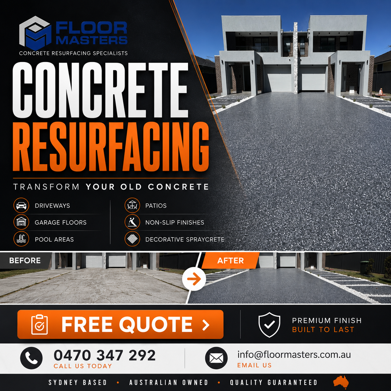 Floor Masters Epoxy Services Facebook ad: Sydney Garage Floors, Done Properly