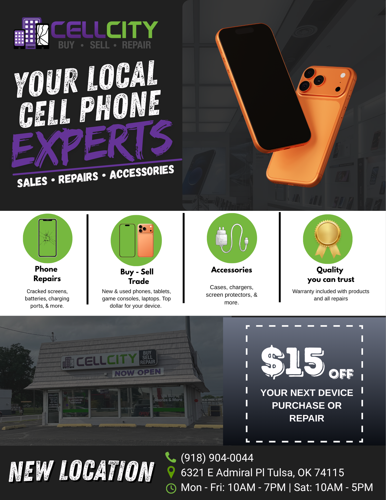 Cell City Facebook ad: WE FIX IPHONES FAST TULSA
