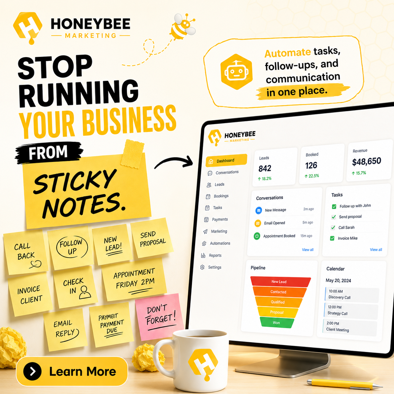 HoneyBee Marketing Facebook ad: Automate The Busywork & Close More Leads