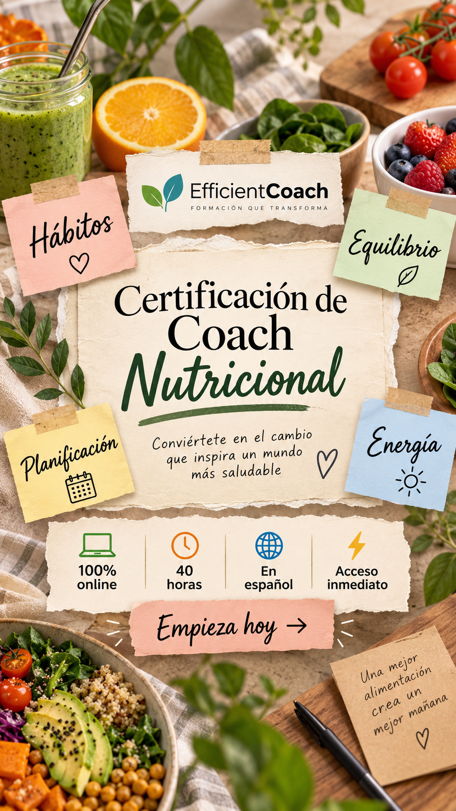 Efficient Coach Facebook ad: NUEVO: Conviértete en Coach de Nutrición Certificado
