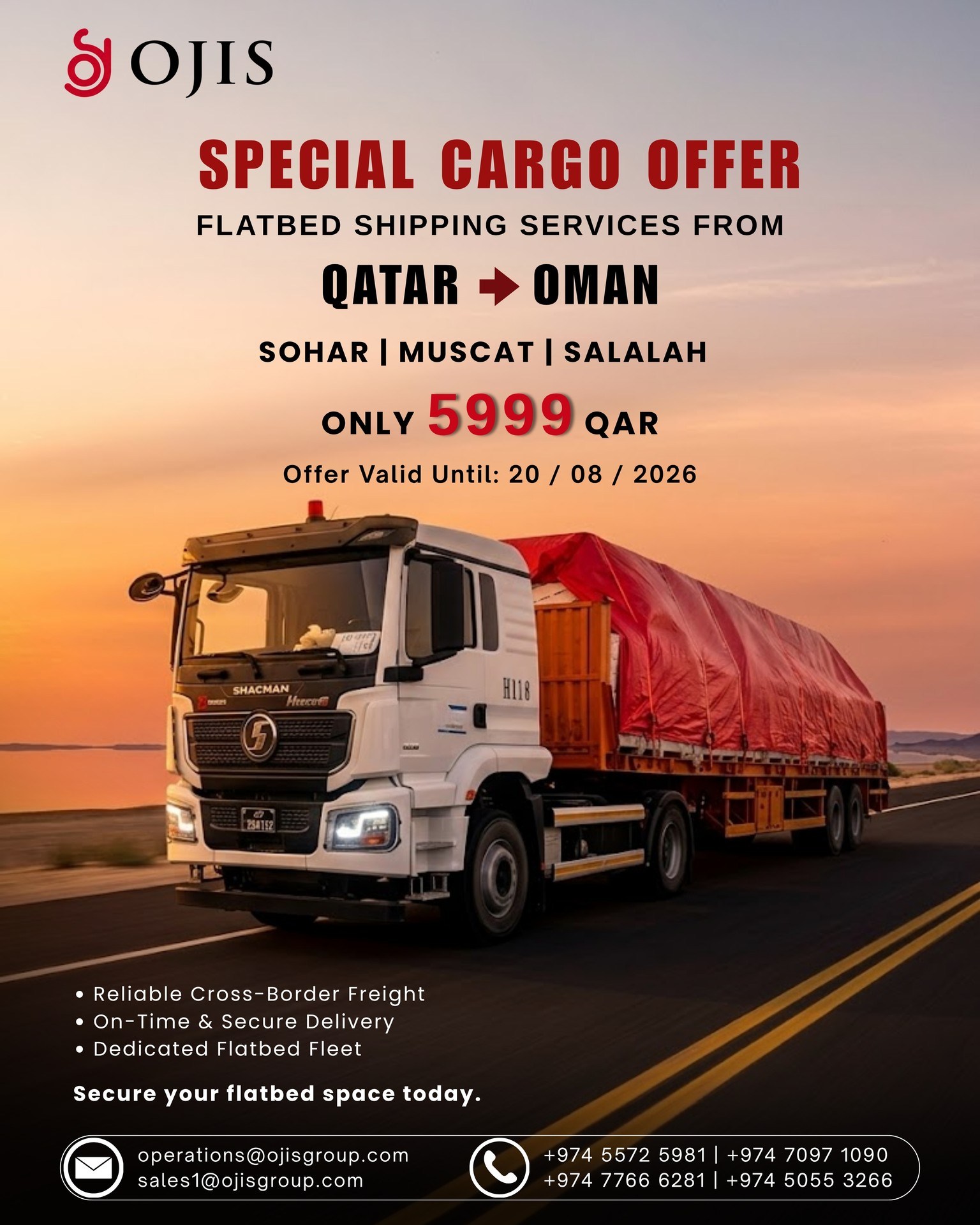 OJIS Trading & Transportation Services Facebook ad: Flatbed Shipping Services from Qatar to Oman