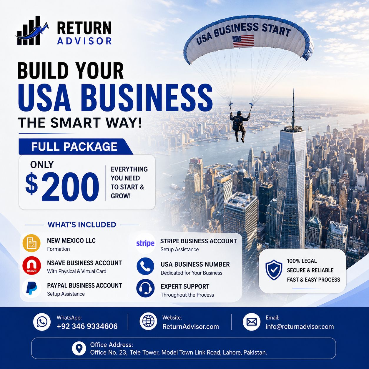 Return Advisor Facebook ad: Launch Your USA Business with Return Advisor