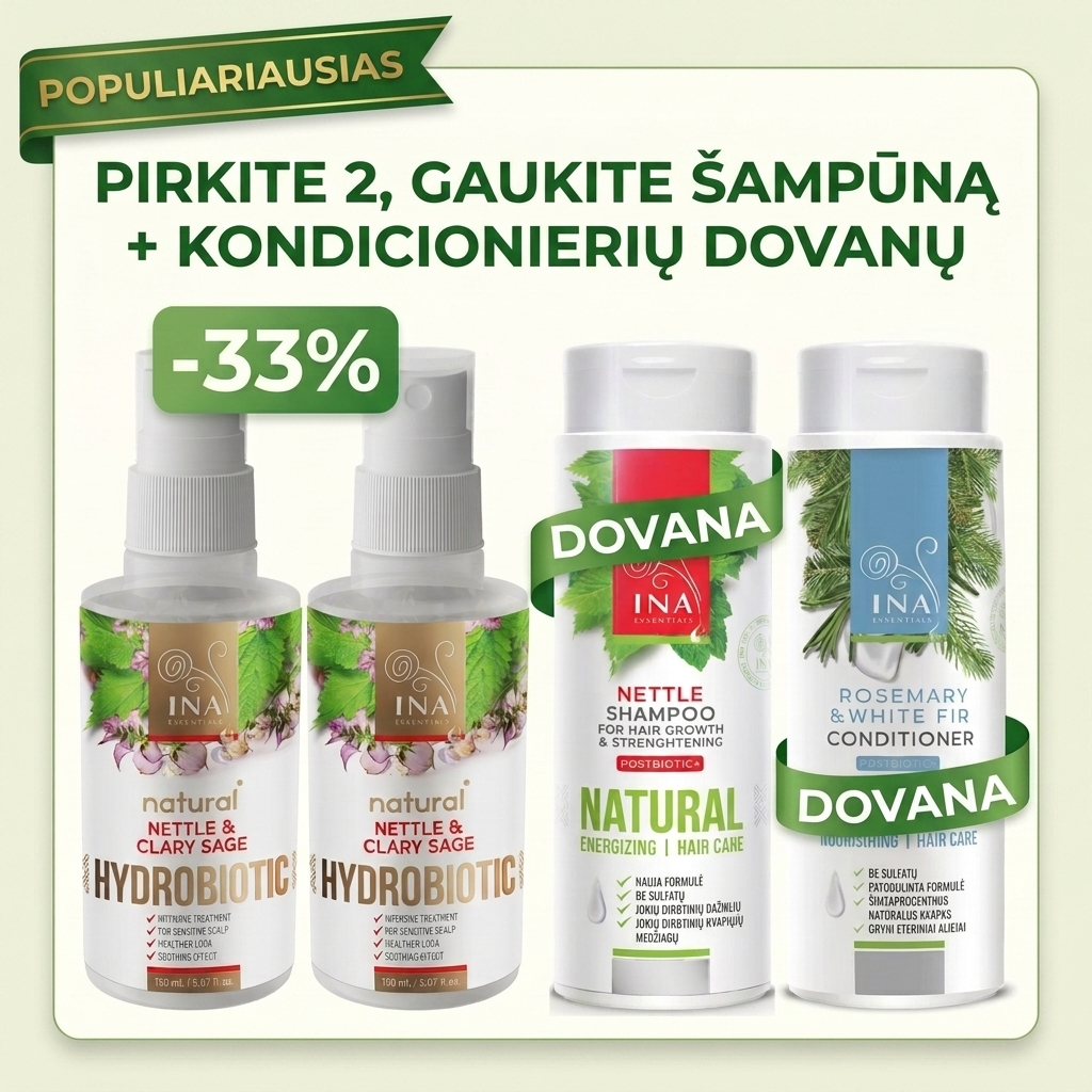 Šeimos Organinė Kosmetika - InaEssentials.lt Facebook ad: Pirk 2 Hydrobiotic su dilgėle, šampūnas ir balzamas dovanų