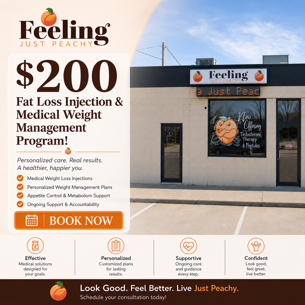 Feeling Just Peachy Facebook ad: $200 Fat Loss Injection & Medical Weight Management Program!