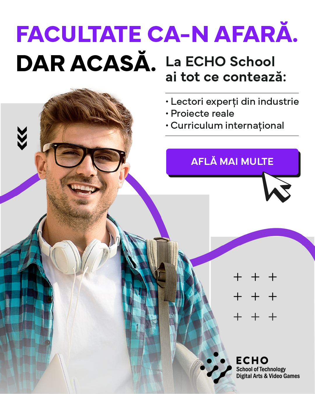 ECHO School Facebook ad: Facultate ca-n afară, dar acasă.