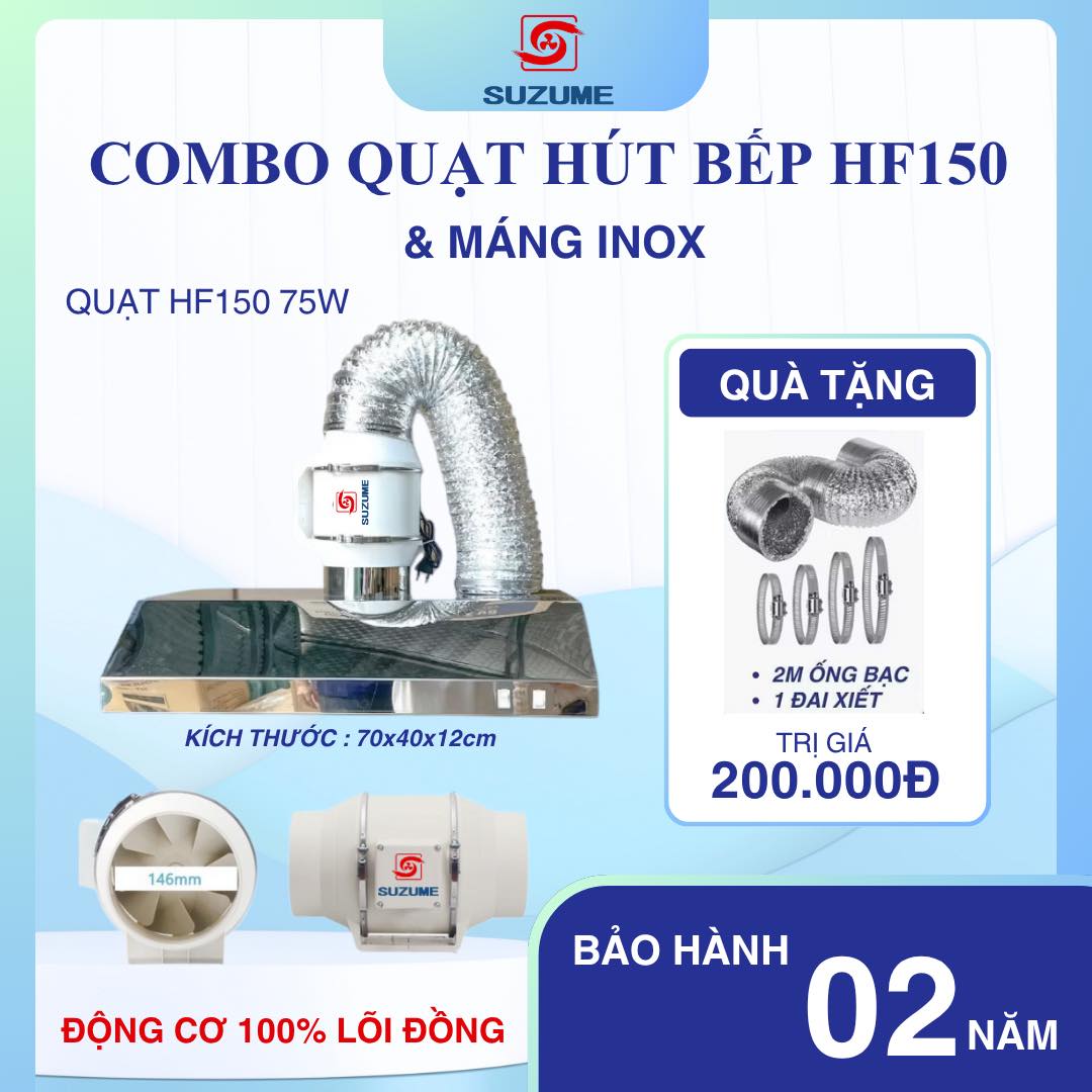 Tổng Kho Thông Gió, Hút Mùi Suzume Việt Nam Facebook ad: Combo Quạt Hút Mùi Bếp + Máng Inox
