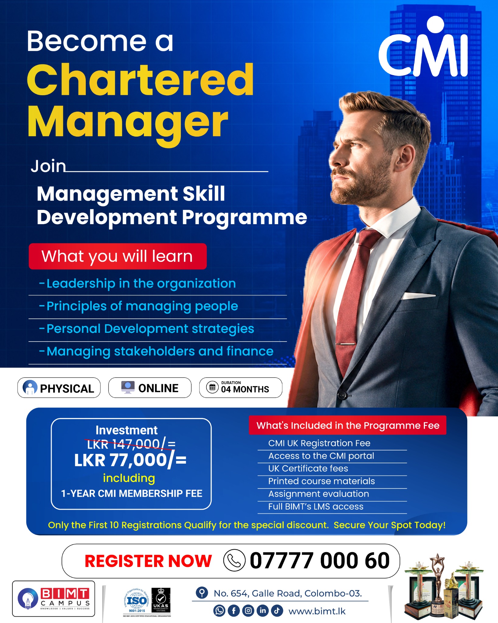 BIMT Colombo Campus Facebook ad: Stop managing. Start leading. Elevate your professional…