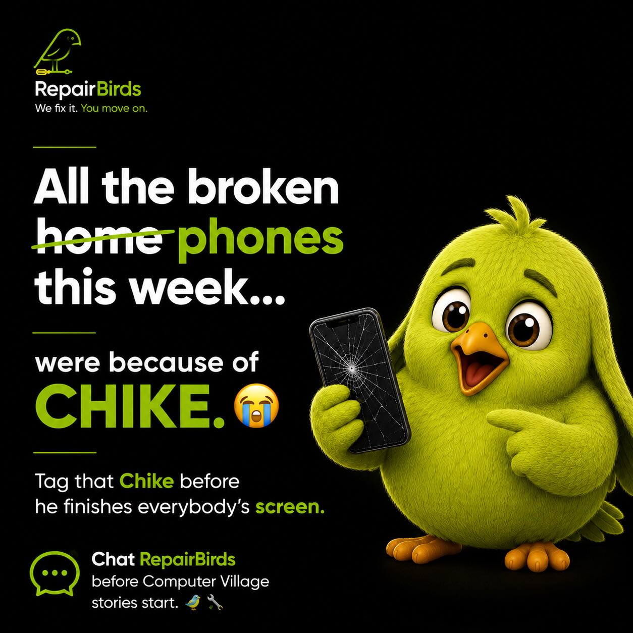 RepairbirdsNigeria Facebook ad: Cracked Screen? Dead Battery? Get Fixed Today!