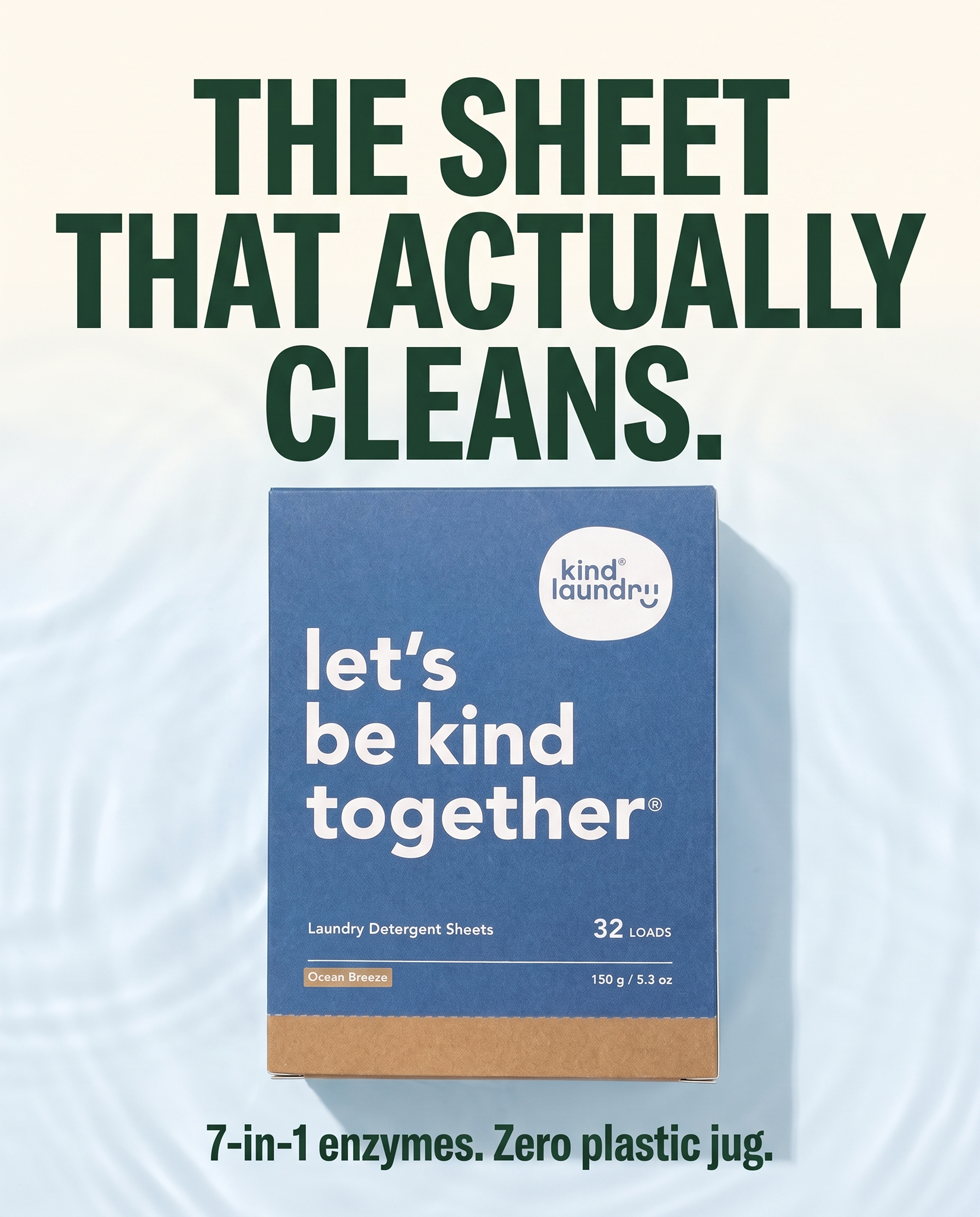 Kind Laundry Facebook ad: 7 Stain-Fighting Enzymes. Zero Plastic Jug. One Sheet That…