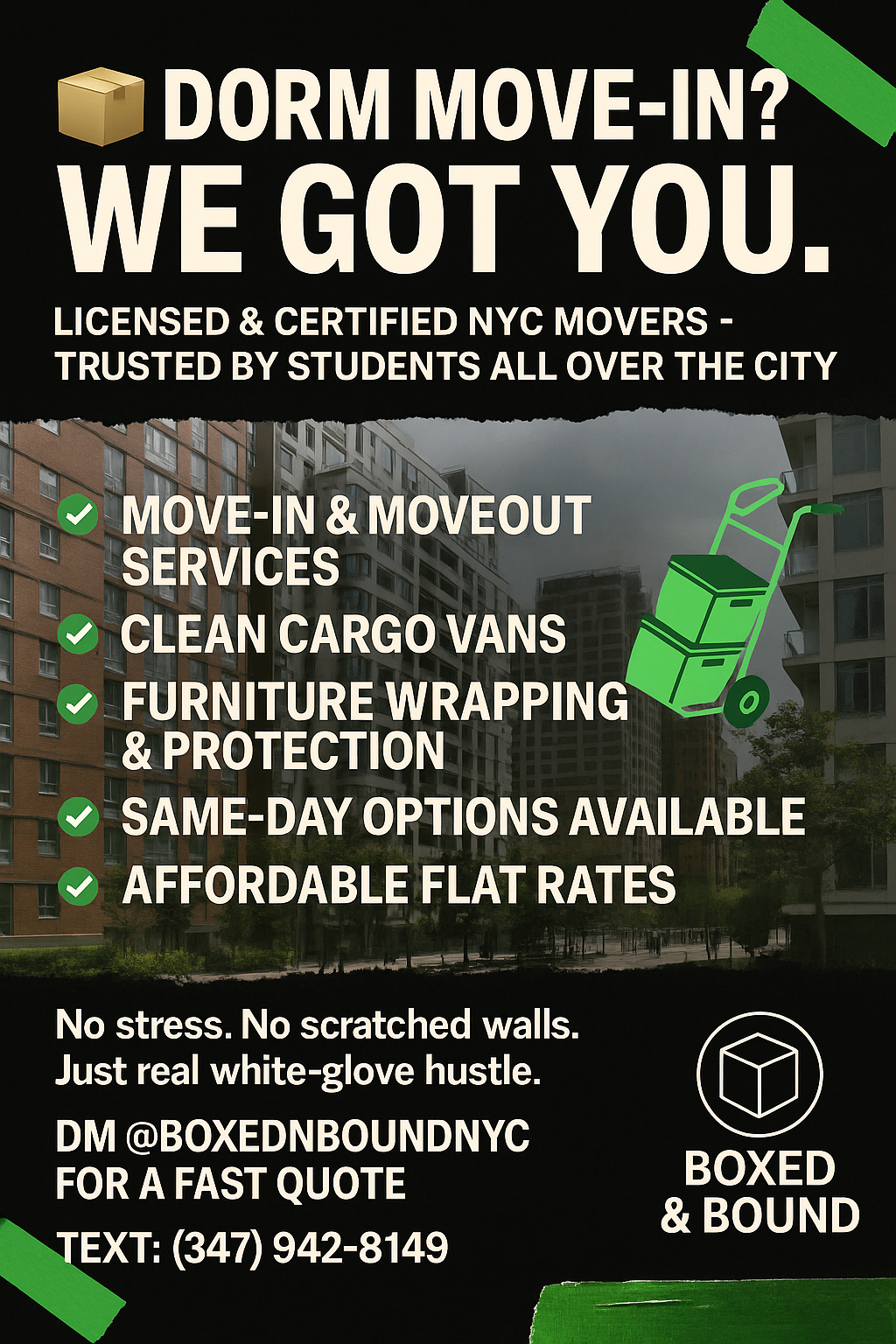 Boxed & Bound Facebook ad: NYC college move-in season is here!