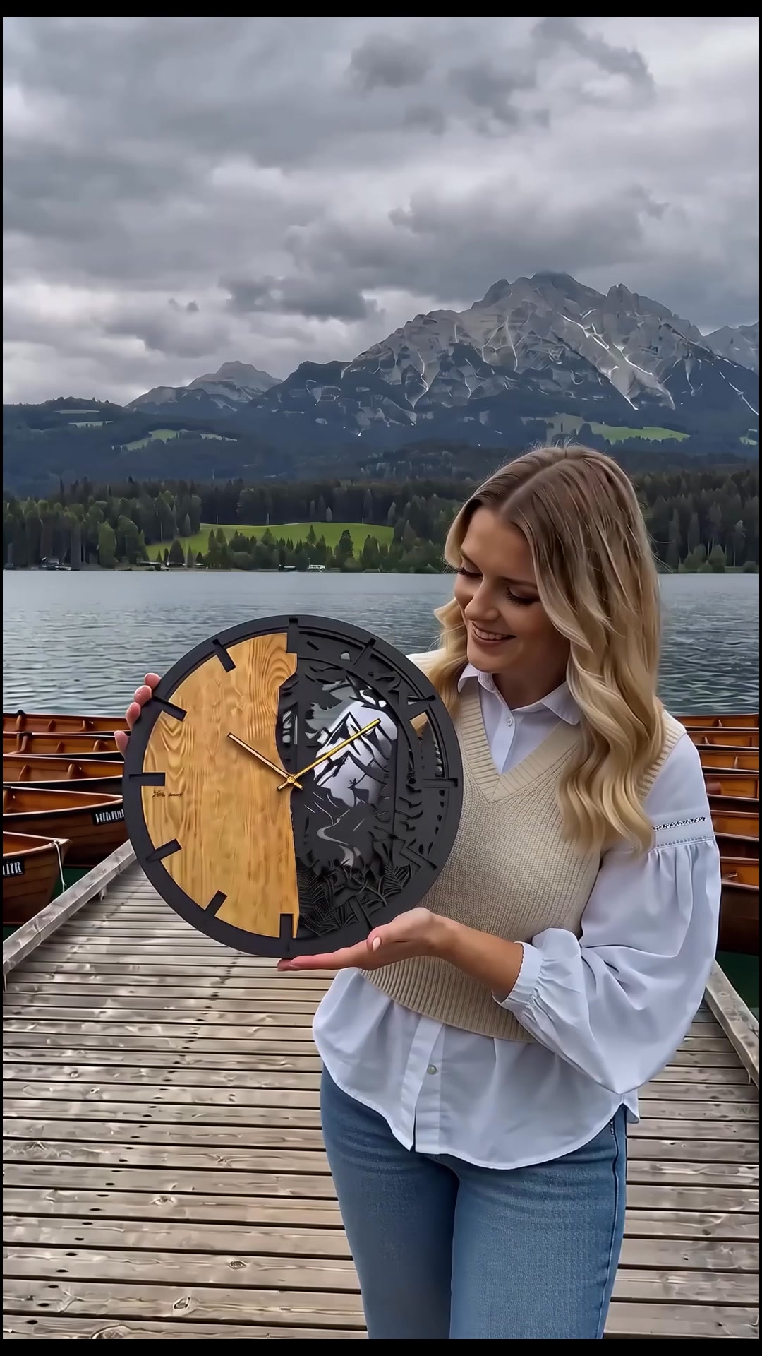 T tatra Facebook ad: Horloge en chêne 3D: L'art du bois sur votre mur.