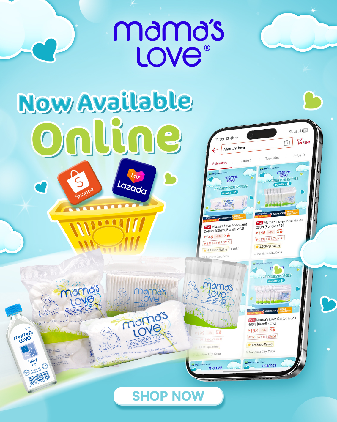 Mama's Love PH Facebook ad: Your trusted baby essentials now available online. Shop Now!