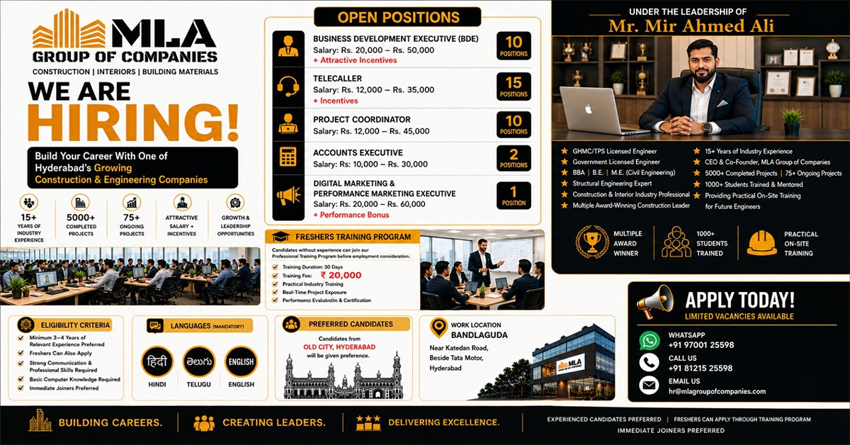 MLA Group Of Companies Facebook ad: We Are Hiring! Multiple Positions Open in Hyderabad
