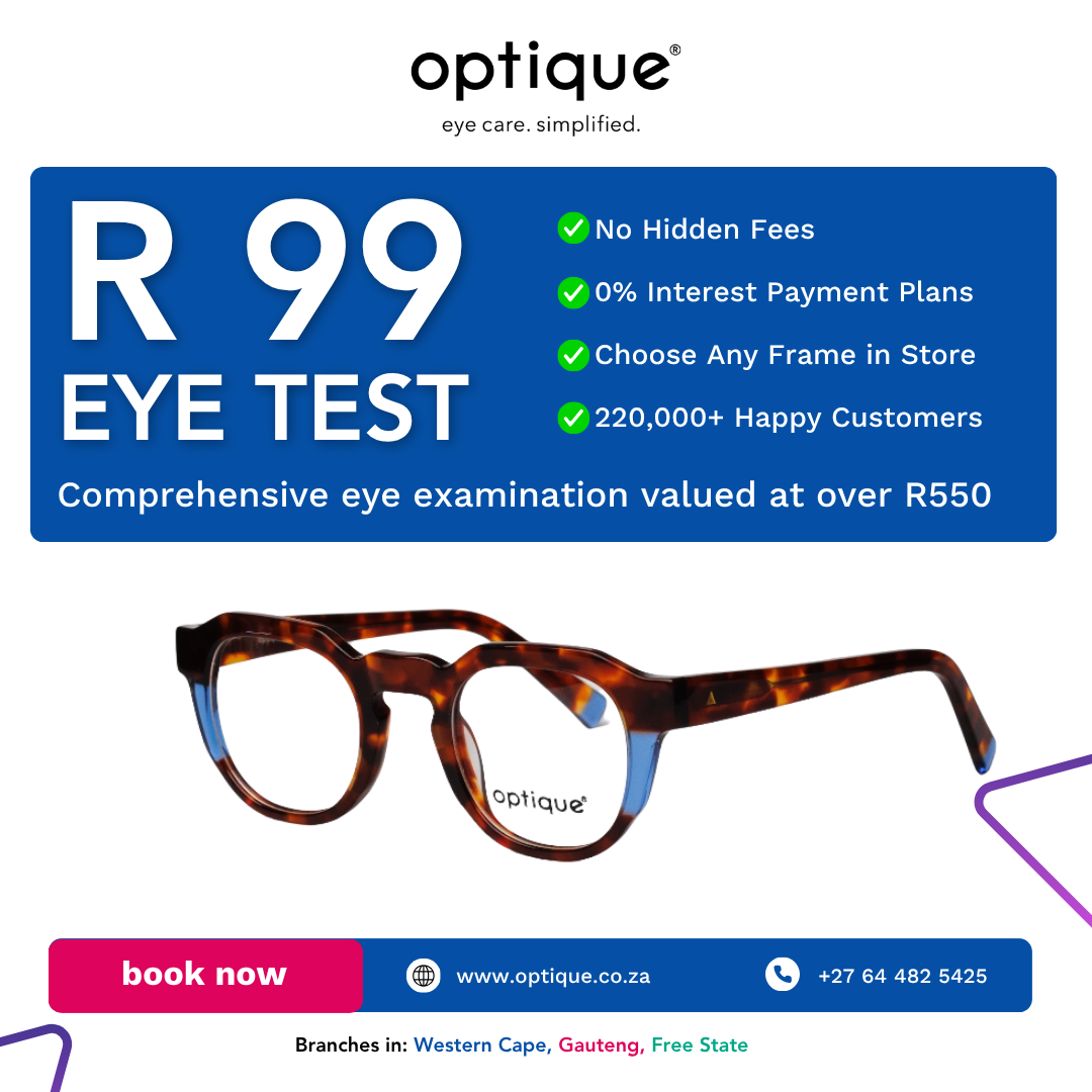Optique Optometrists Facebook ad: R99 Eye Test. Premium Quality