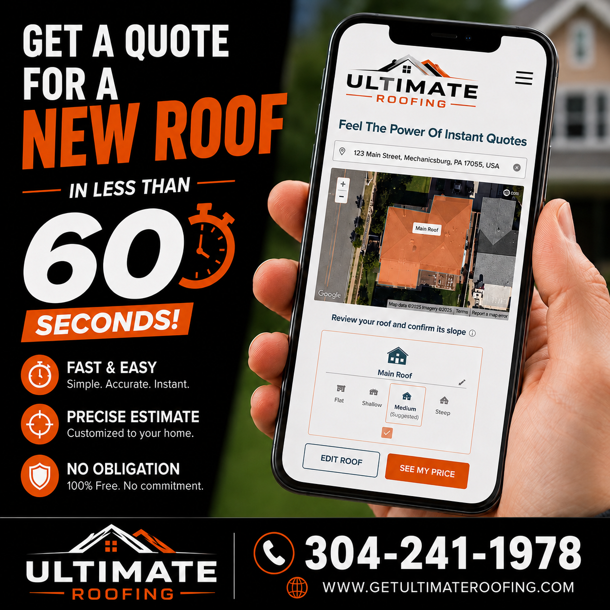 Ultimate Roofing Facebook ad: New roof quote in under 60 seconds? YES!