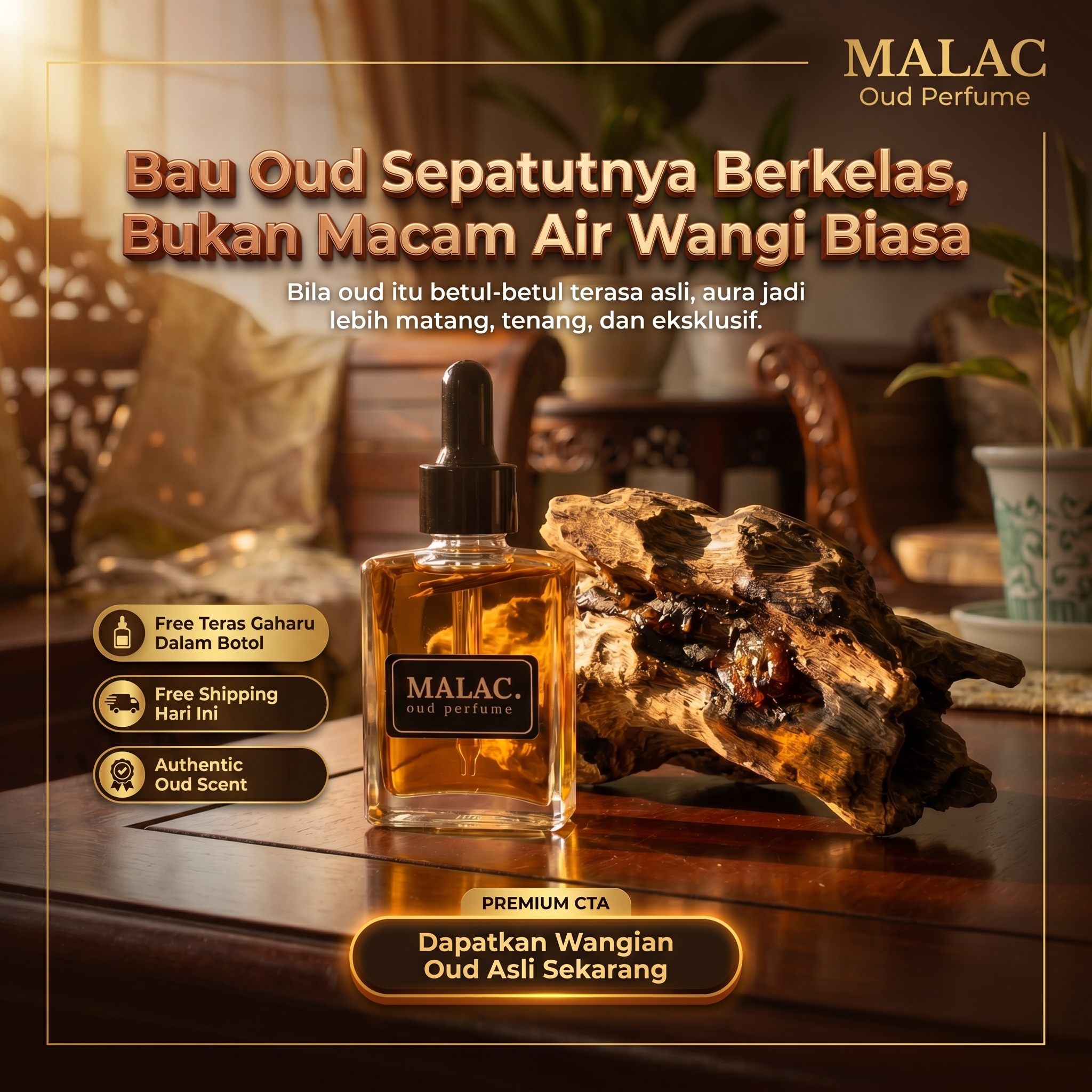 Malac Oud Perfume Facebook ad: Untuk Lelaki Yang Tahu Nilai Oud Asli