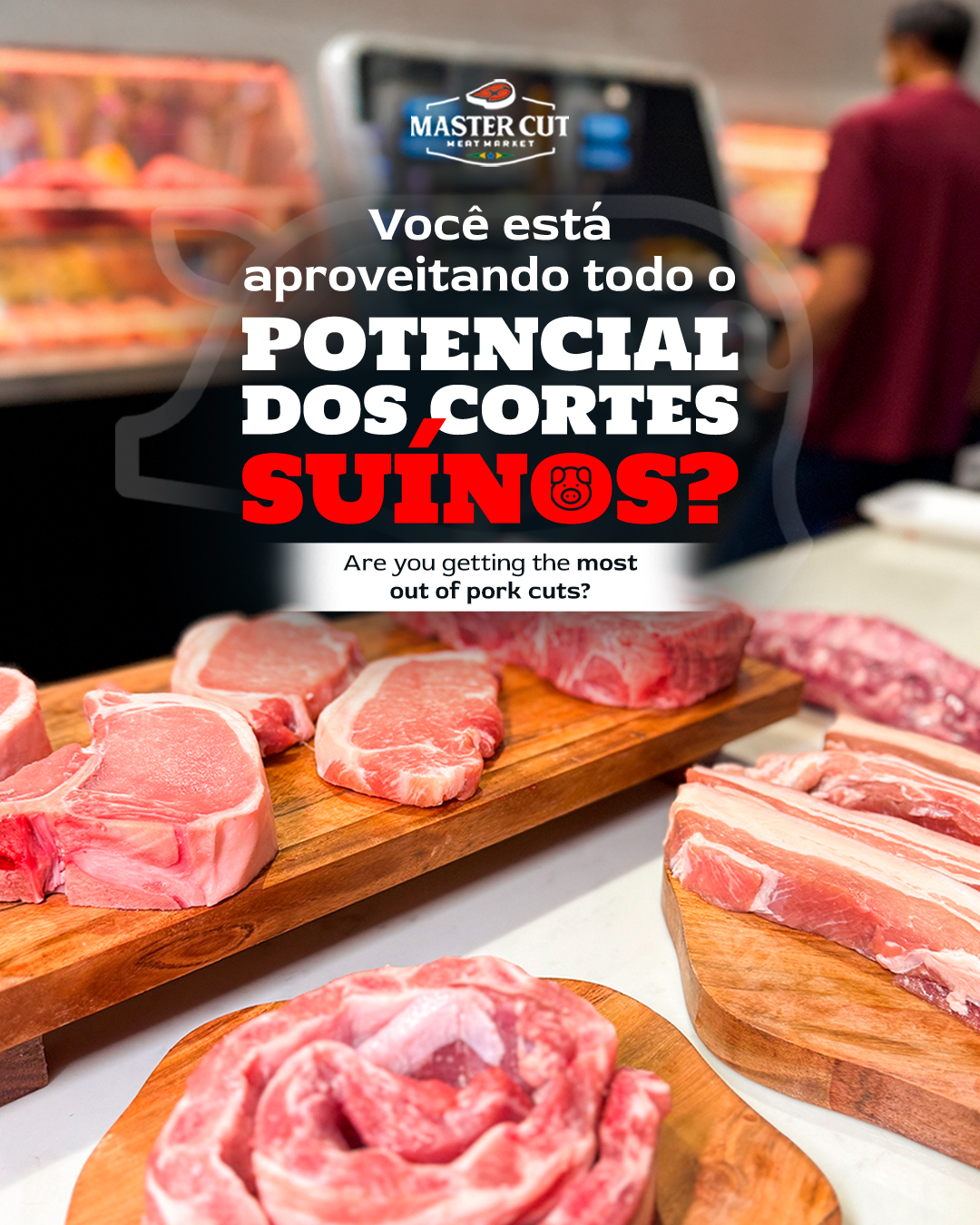 Master Cut Meat Market Facebook ad: Os cortes suínos são extremamente versáteis e ficam…