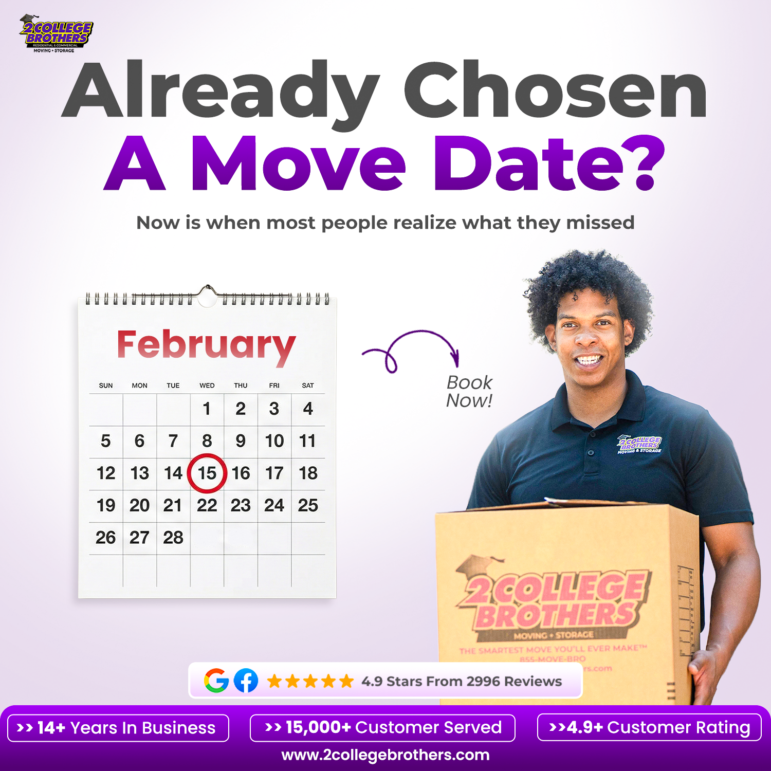 2 College Brothers Moving and Storage Facebook ad: Tampa’s Most Trusted Movers, 15,000+ Homes Moved with Care