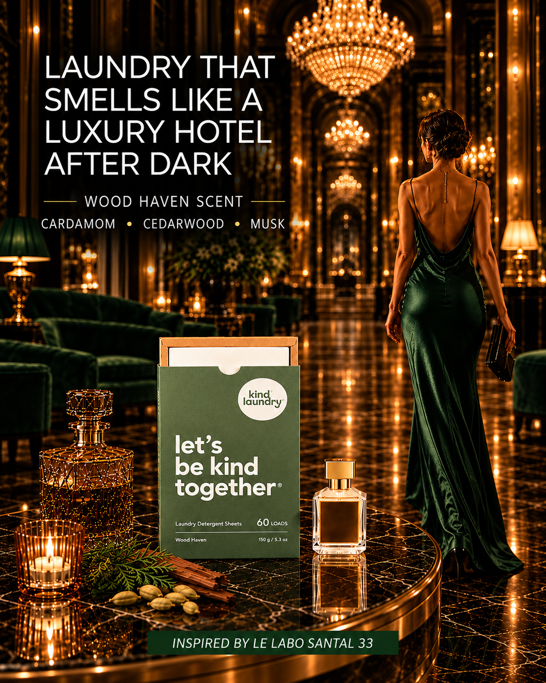 Kind Laundry Facebook ad: Inspired by Le Labo Santal 33. Powered by Plants.