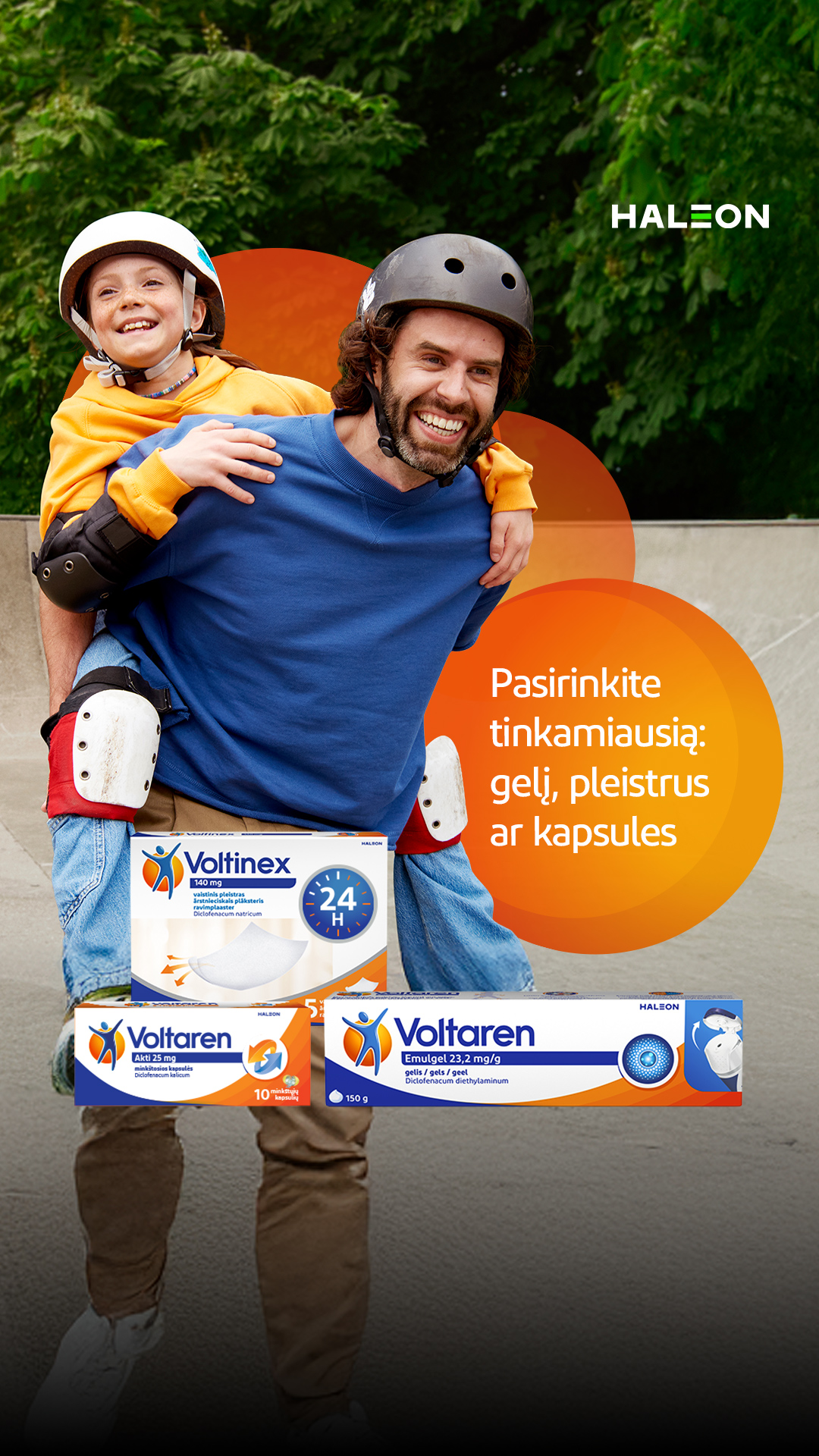 Voltaren Facebook ad: Nugaros, raumenų, sąnarių skausmui malšinti.