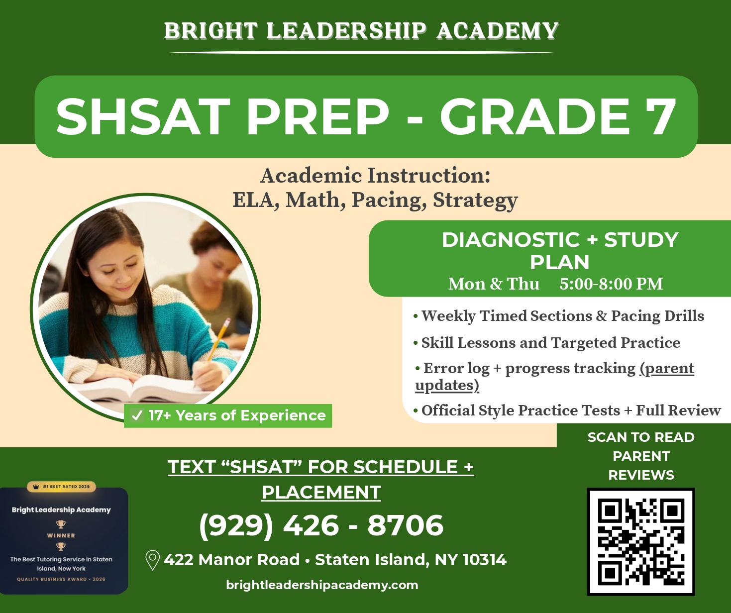 Bright Leadership Academy Facebook ad: SHSAT preparation built on diagnostics, targeted…