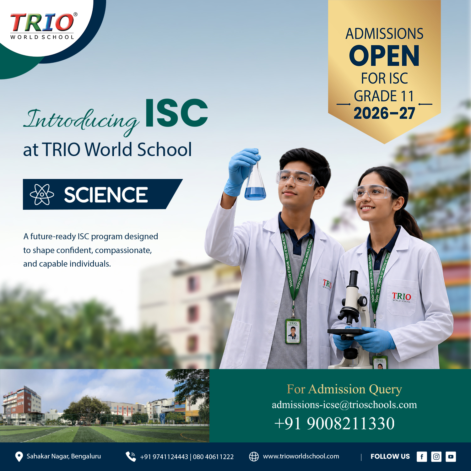 Trio World School ICSE Facebook ad: **Admissions Open for ISC Grade 11 (2026-27) at…