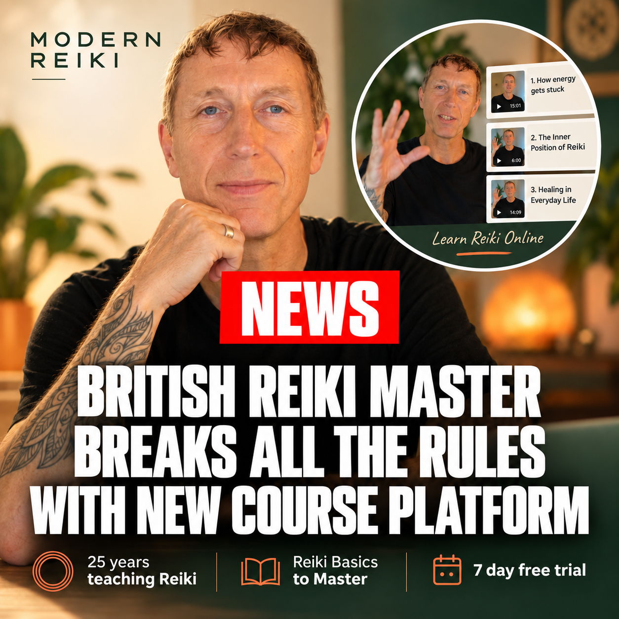 Modern Reiki Facebook ad: 25 Years Reiki Teaching. A New Way to Learn.