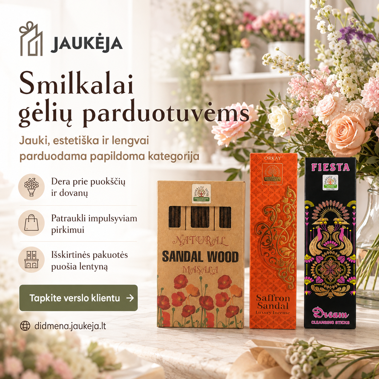 Jaukeja.lt Facebook ad: Jaukūs smilkalai gėlių parduotuvėms