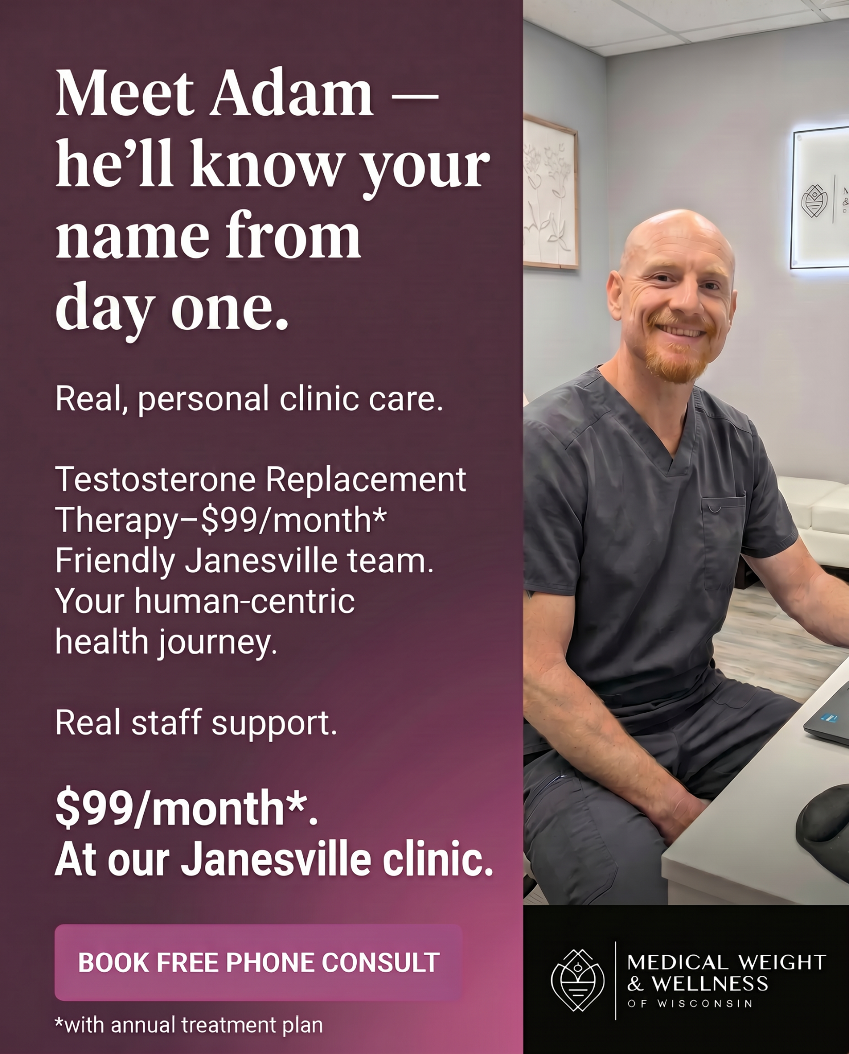 Medical Weight Loss and Wellness of Wisconsin Facebook ad: Meet Adam, Janesville TRT