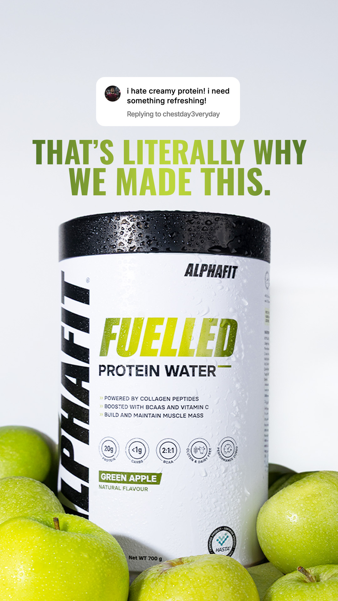 AlphaFit Supplements Facebook ad: 20g Protein. Zero Heaviness. Clinically Studied.