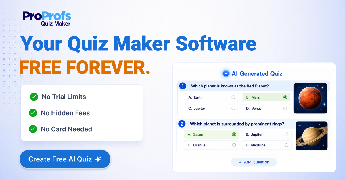 ProProfs.com Facebook ad: Your Quiz Maker, Free Forever