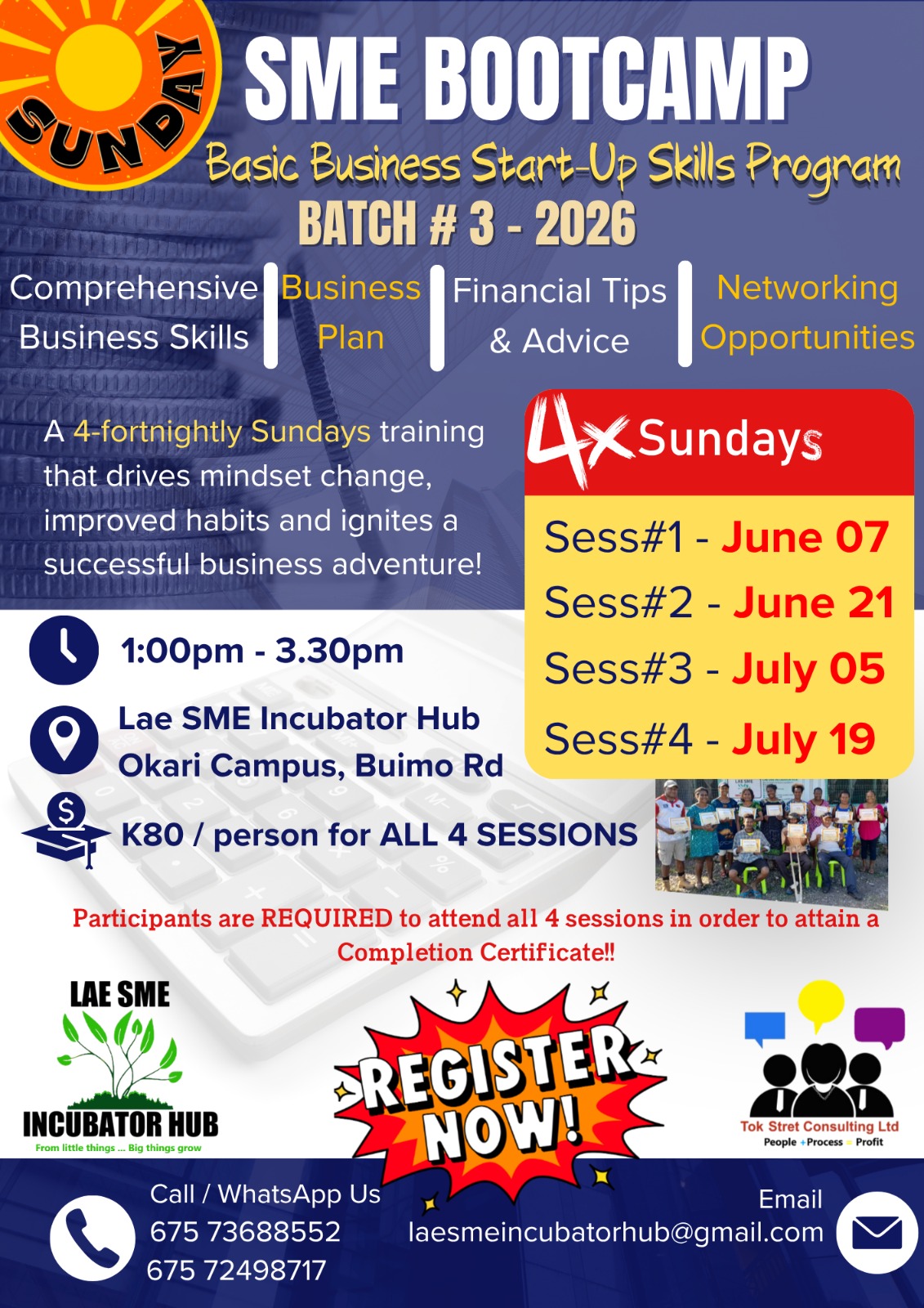 LAE SME Incubator HUB Facebook ad: Sunday SME Bootcamp Batch 3 is about start…