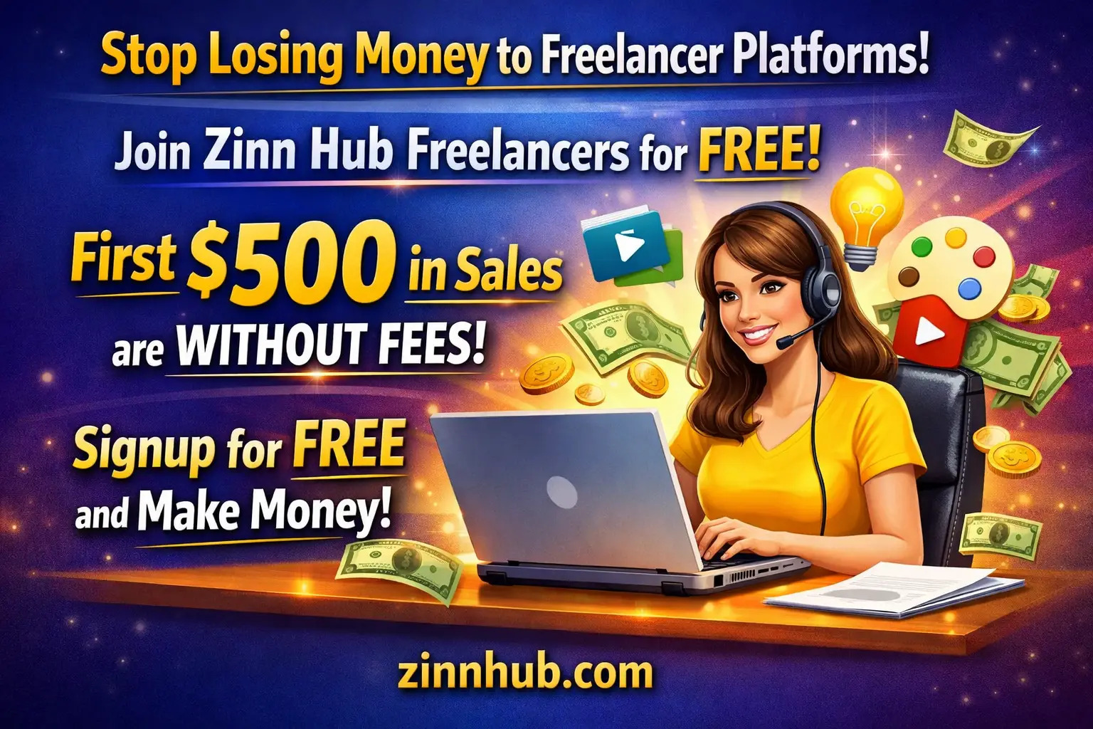 Zinn Hub Facebook ad: Become A Freelancer (Zinner) | Lowest Fees, Free Join…