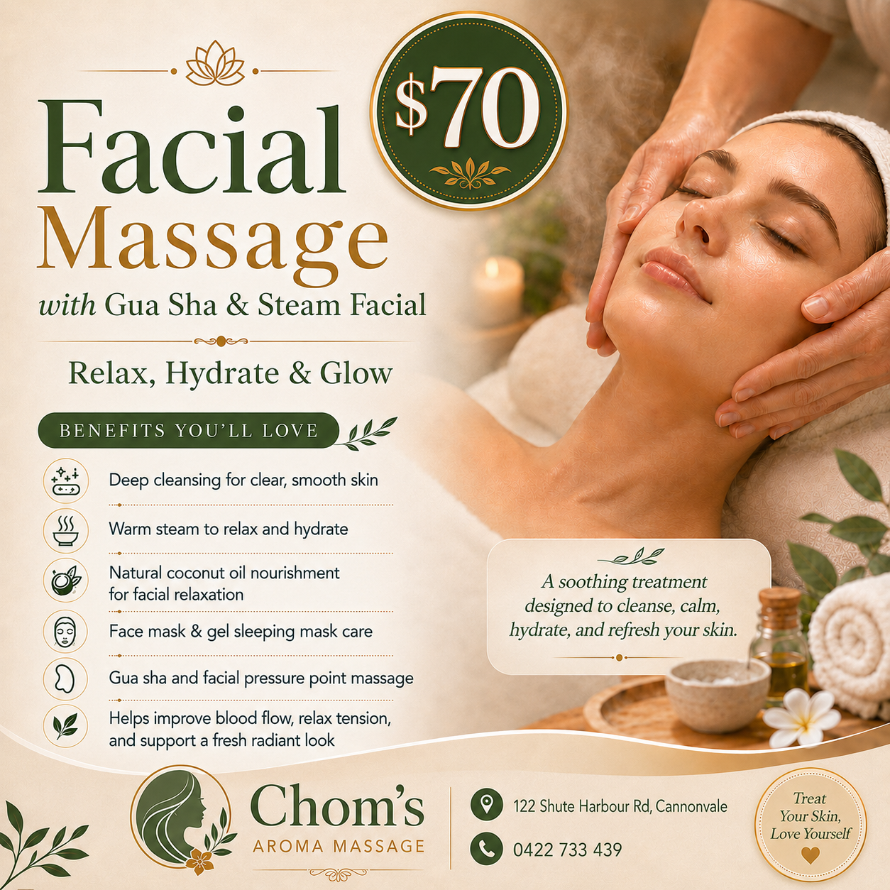 Chom’s Aroma Massage Facebook ad: Glow & Relax with a Facial Massage