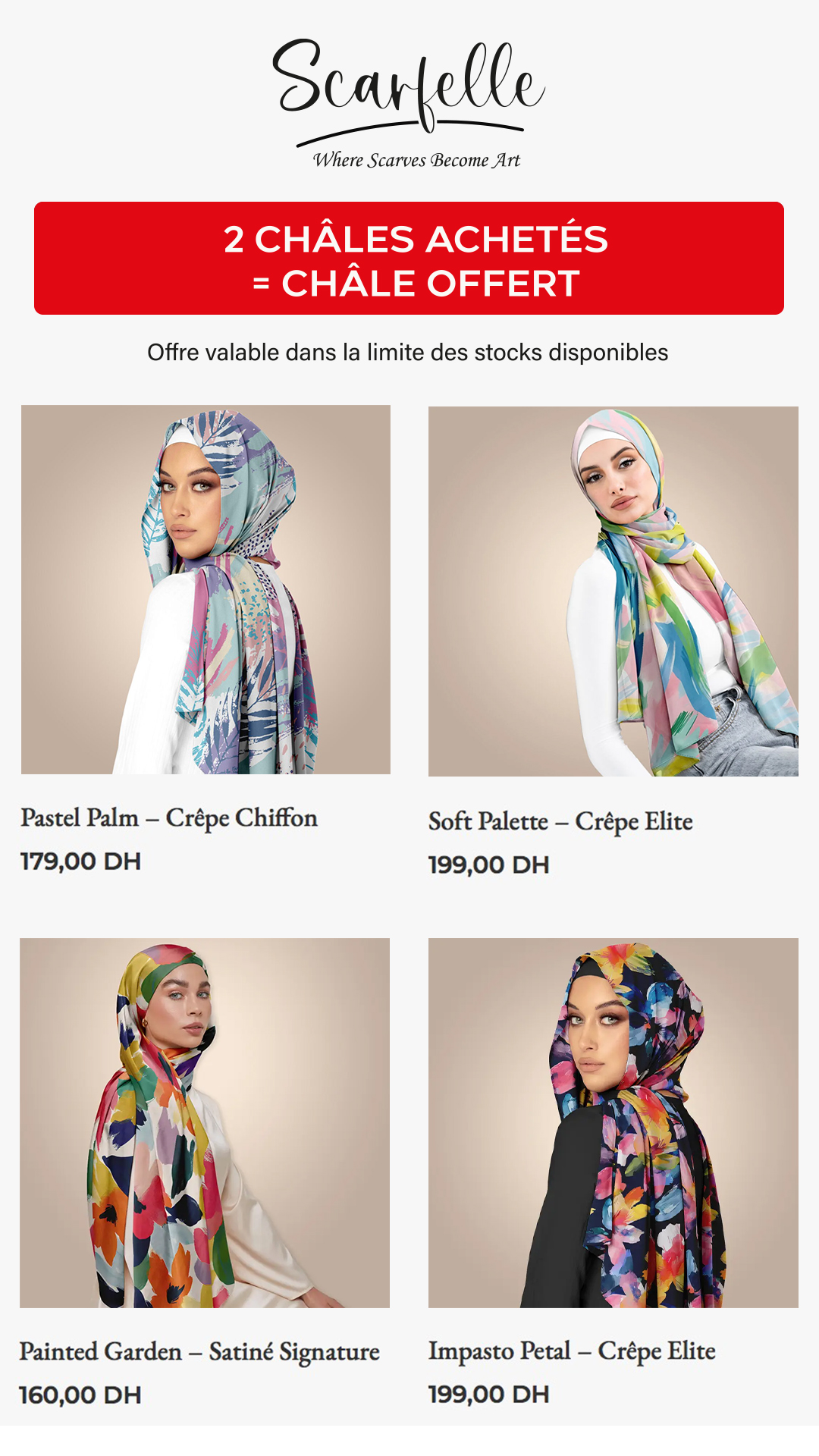 Scarfelle Facebook ad: 2 ACHETÉS = 1 OFFERT