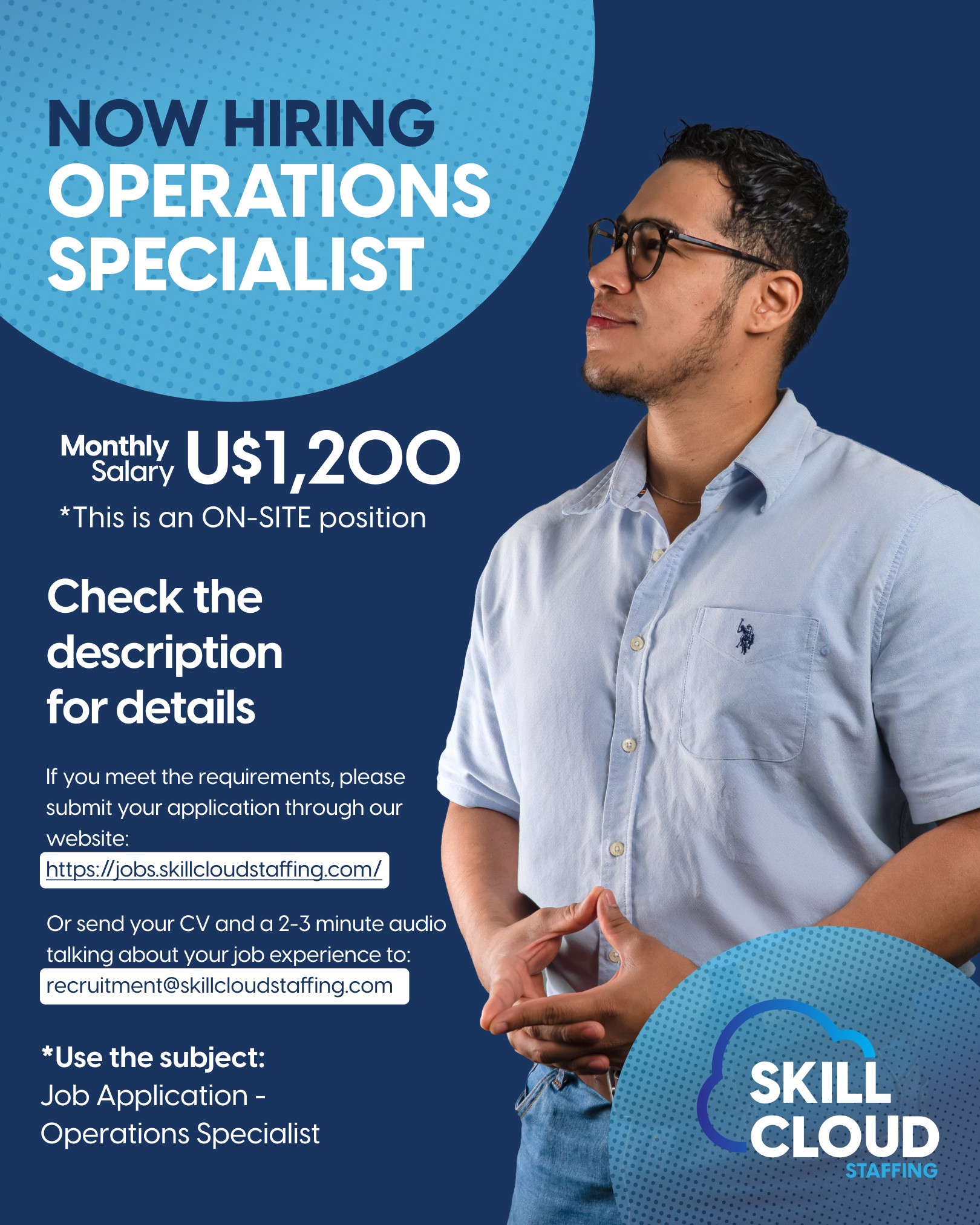 Skill Cloud Staffing Facebook ad: Now Hiring, Operations Specialist
