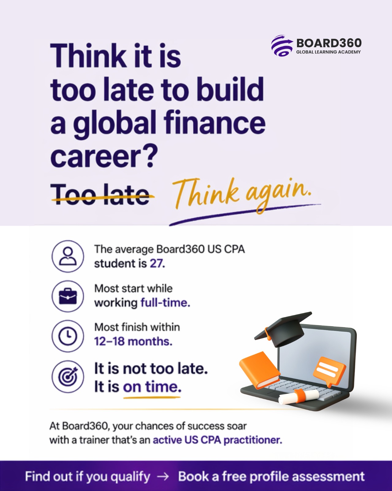 Board360 Facebook ad: Still think it’s too late to build a global finance career?