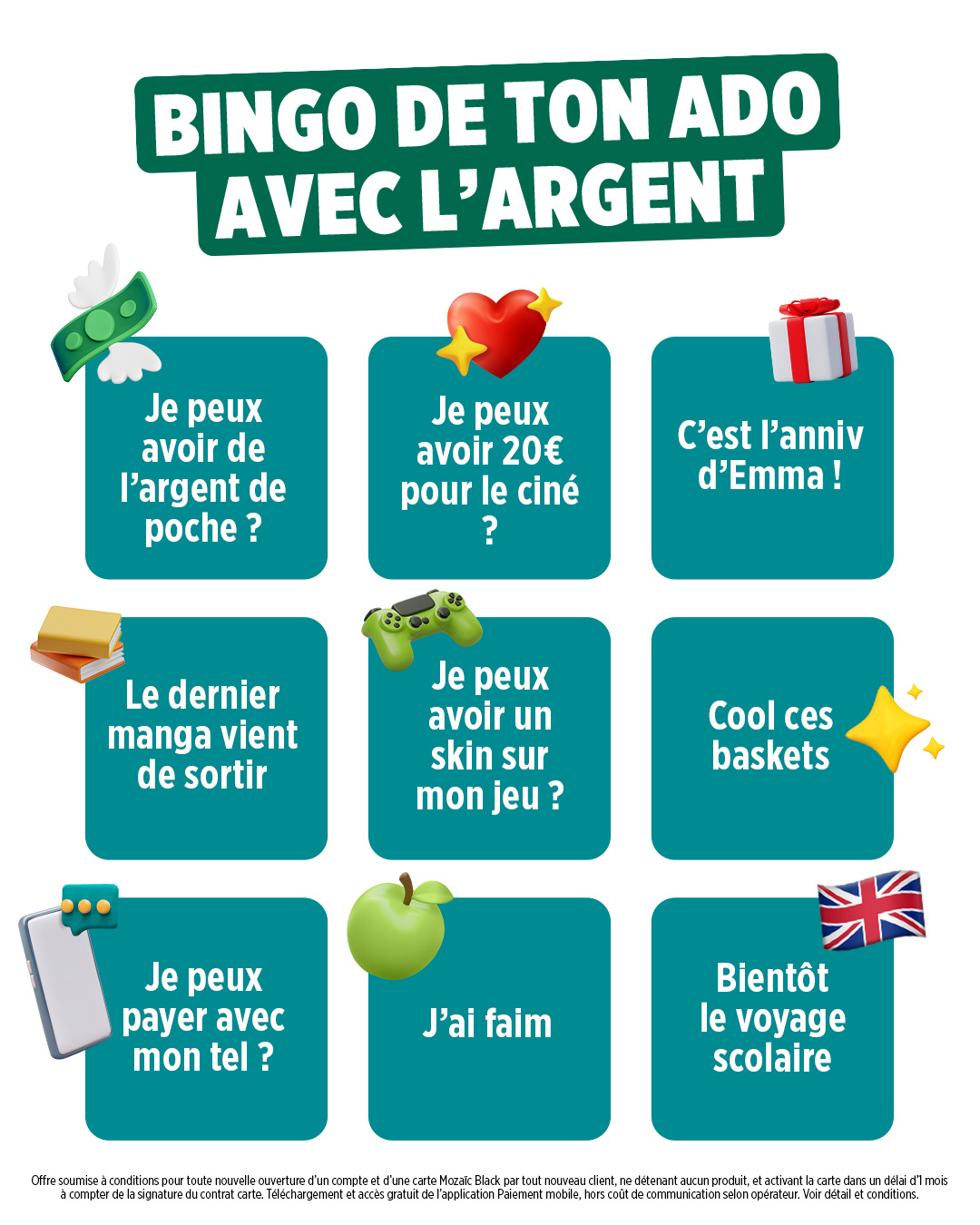 Crédit Agricole Facebook ad: Mozaïc Black 10-17 ans