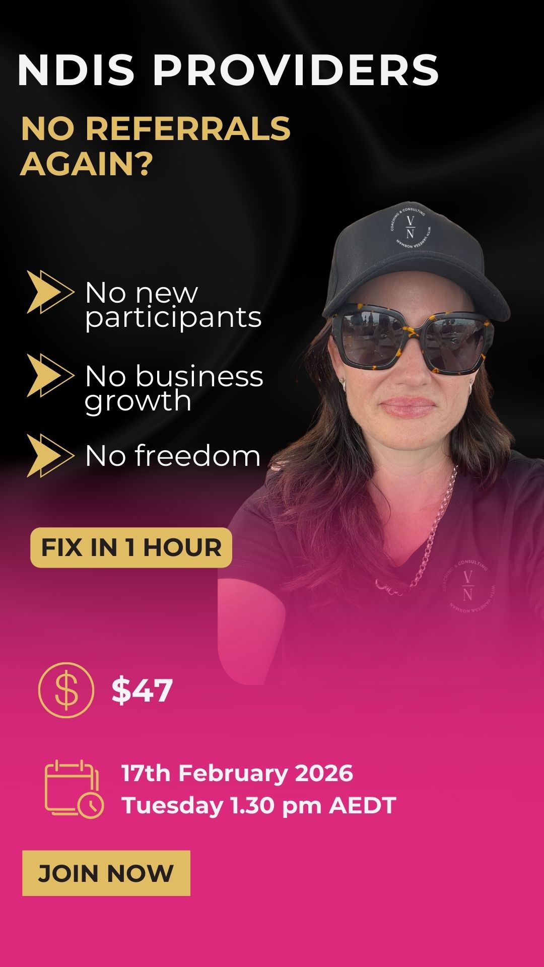 Vanessa Norman Facebook ad: The 3-Part NDIS Referrals Framework