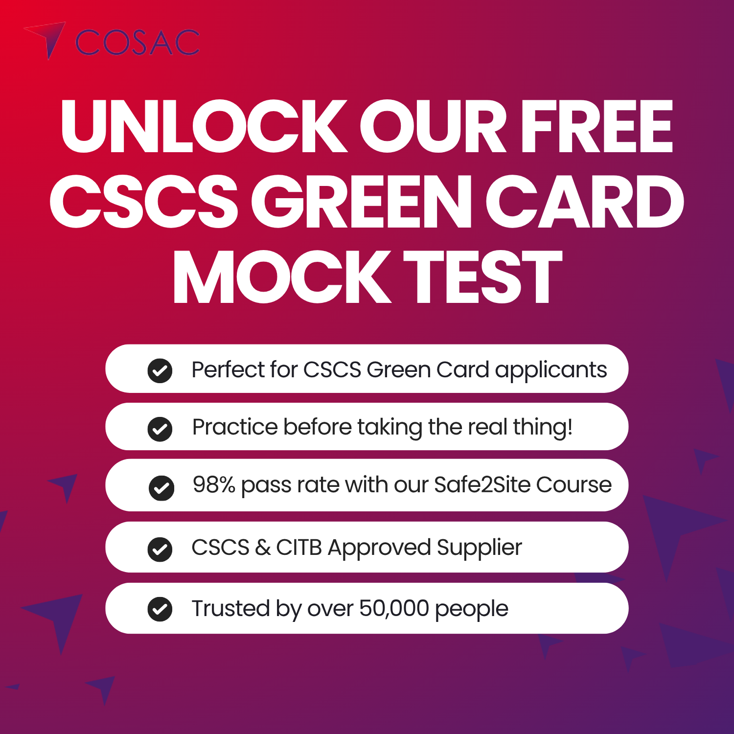 COSAC - The Compliance & Skills Academy Ltd Facebook ad: Your free CSCS Green Card mock test