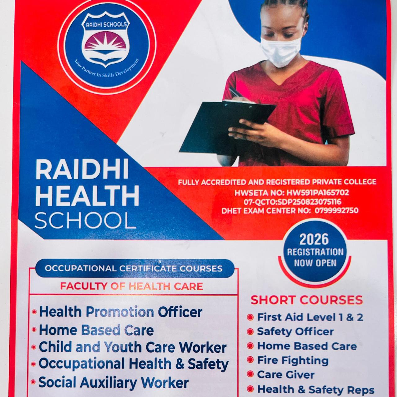 Raidhi School of health studies Facebook ad: Register now call.