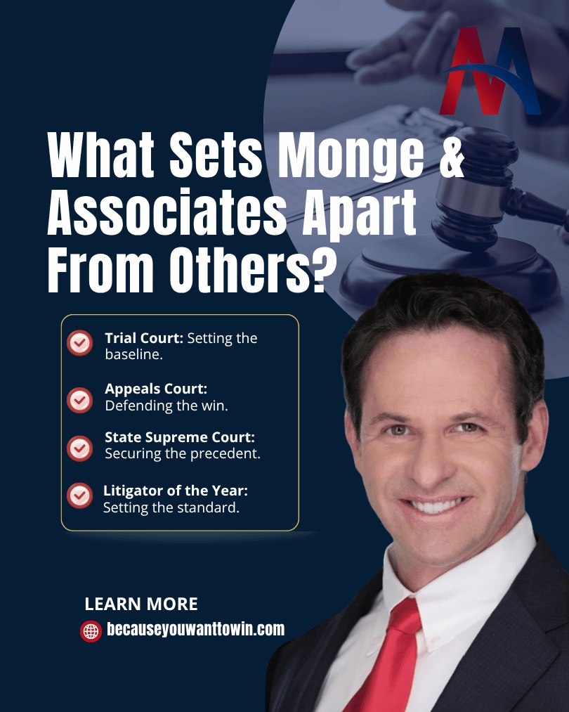 Monge & Associates Facebook ad: Most firms celebrate a trial win; we finish…