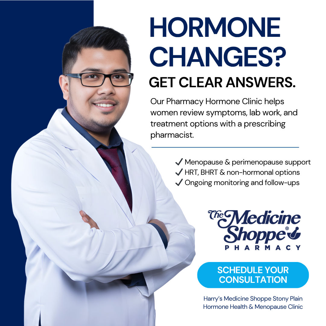 Stony plain Medicine Shoppe Pharmacy Walk in Clinic & Travel Clinic Facebook ad: Book your hormone assessment