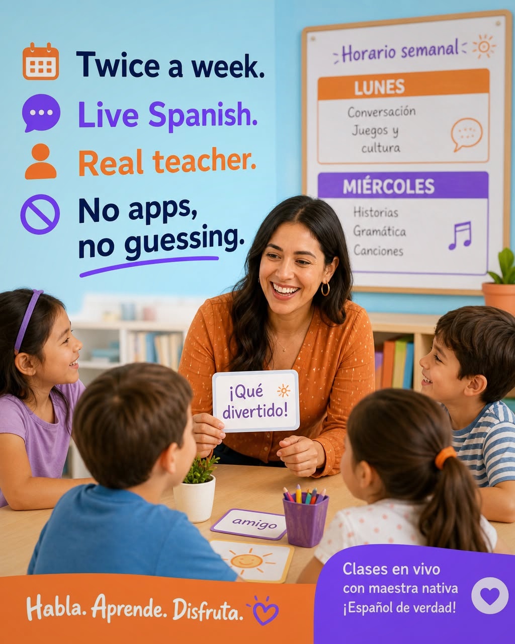 Spanish.Education Facebook ad: Structured Spanish. Real Results. 2x/Week.