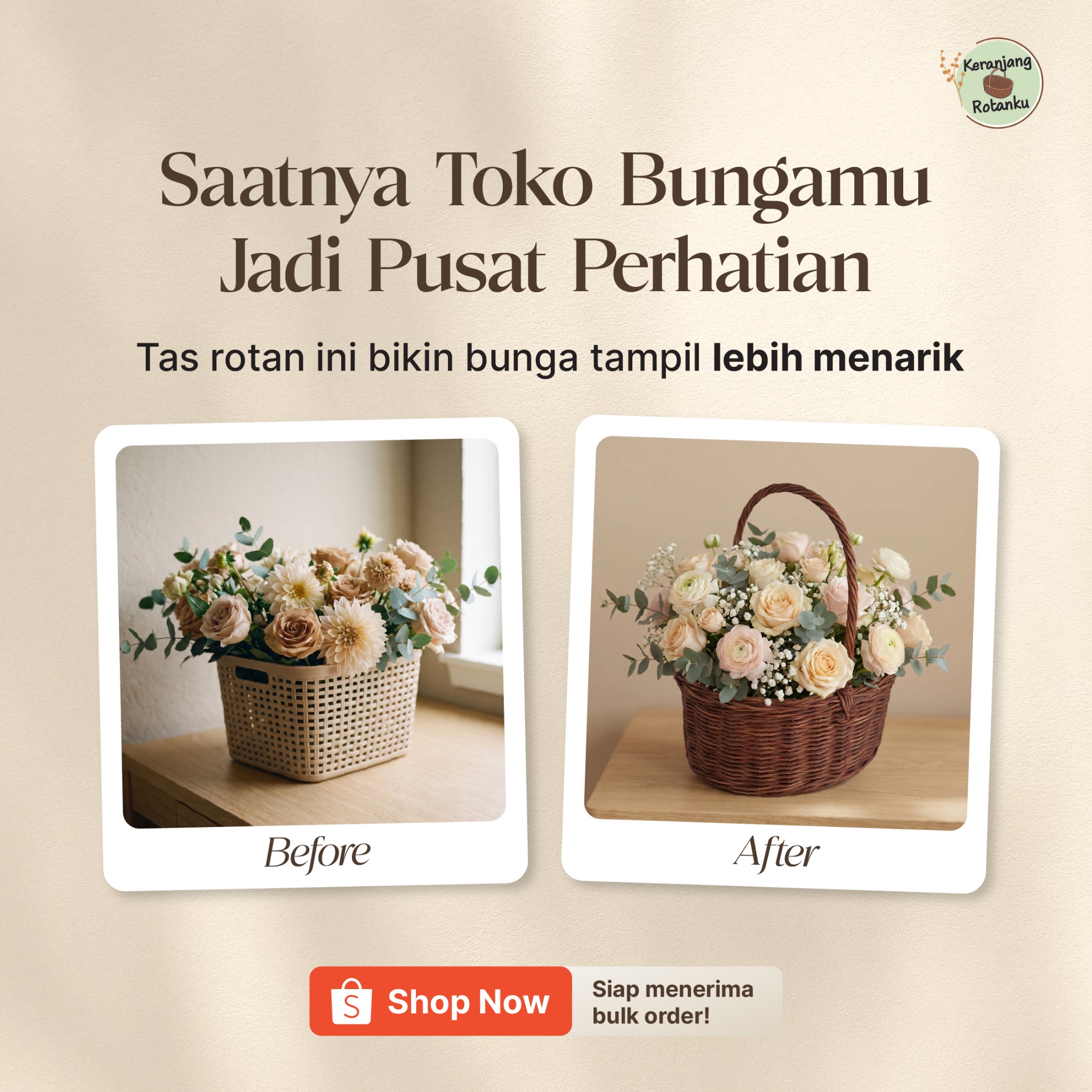 PMM Consumer Goods Facebook ad: Tas rotan handmade ini bikin rangkaian bunga tampil…