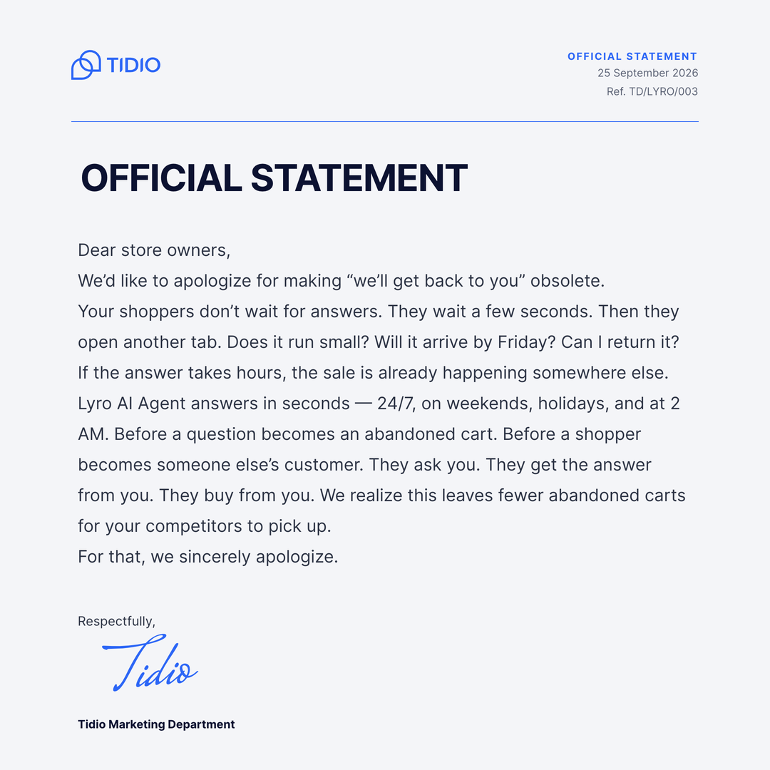 Tidio Facebook ad: One Answer Closer to Checkout
